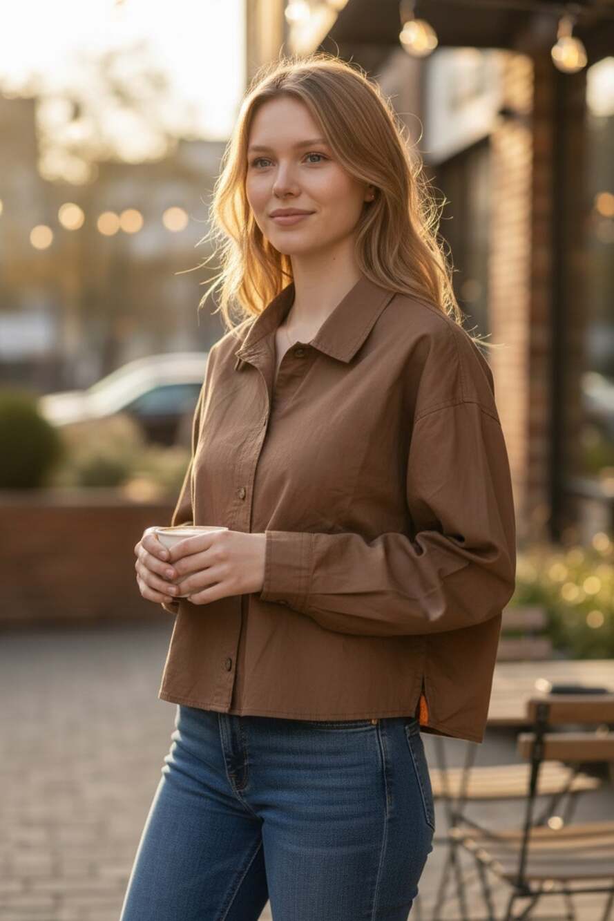 EVERLANE The Woven PJ Top Chestnut Brown Size XS NEW Long Sleeve Cropped Collar